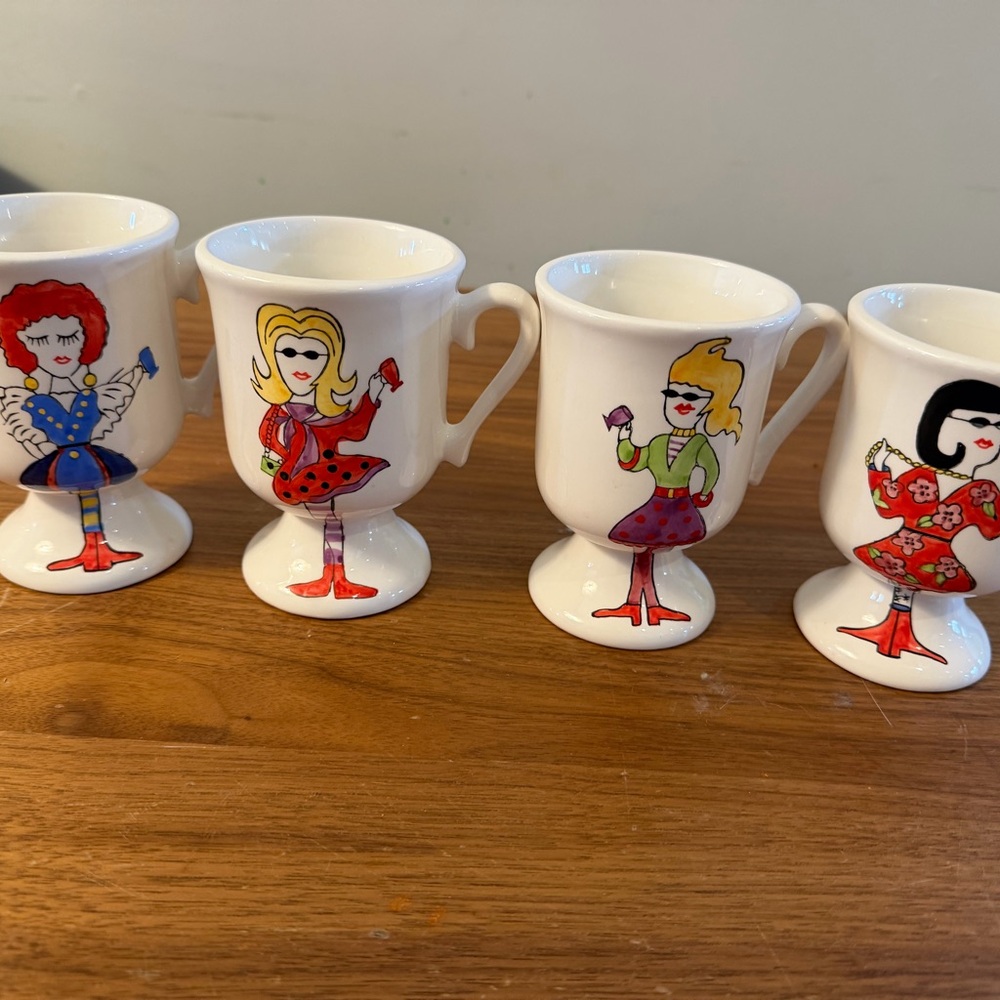 Set of 4 Vintage-Style Pedestal Egg Cups with Colorful Doll Illustrations